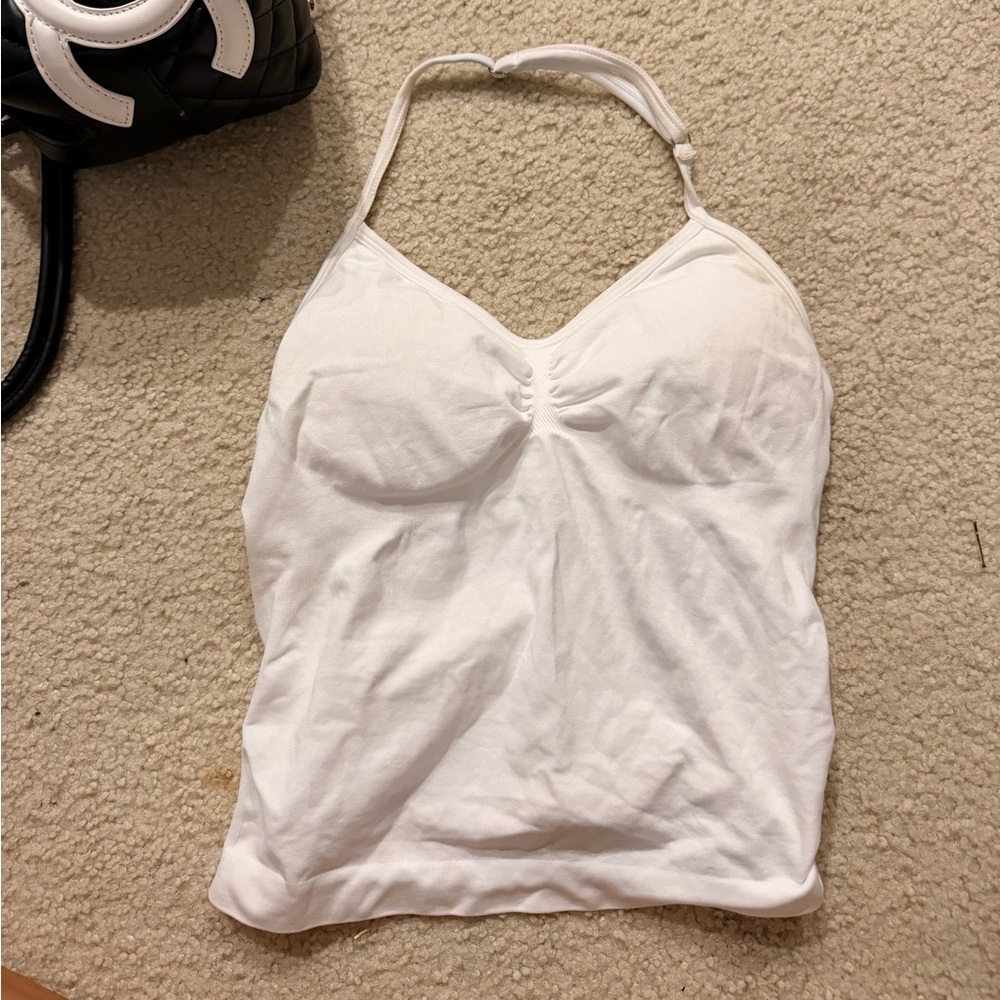 White Halter Camisole Top - Women's Lightweight sports  Tank built in bra
